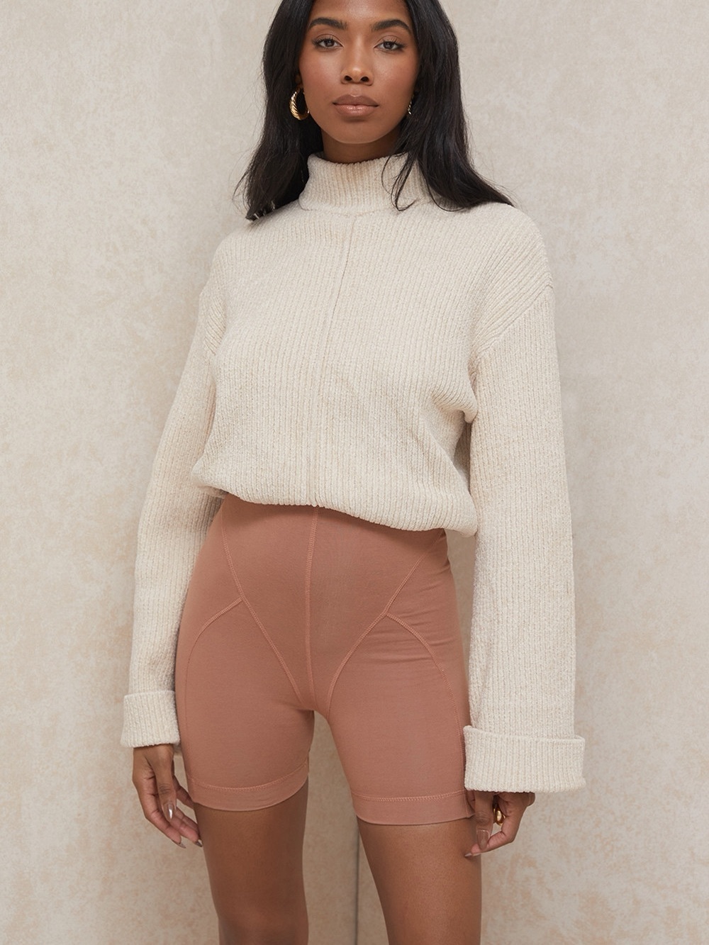 House of CB harley cover stitch high waisted shorts in burnt orange Size S
